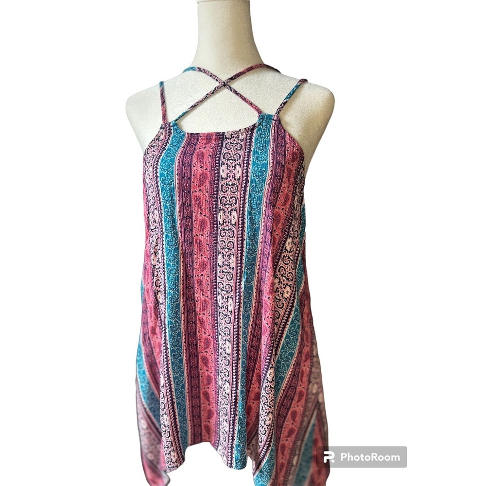 Pink Rose Women's Boho Paisley Stripe Handkerchief Hem Tank Top L coquette - Picture 2 of 8